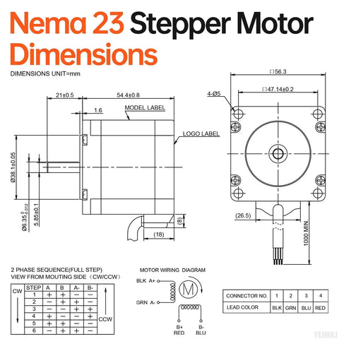 YEJMKJ NEMA 23 2-phase stepper motor dimensions diagram; front and side views show 57×55 mm housing and 21 mm shaft.