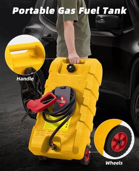 Heavy Duty 15 Gallon Gas Can With Manual Transfer Pump And 10 Feet Hose, Portable Gas Caddy With Wheels, Leak Proof Fuel Tank, Yellow