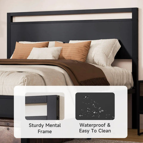 Modern Queen Bed Frame With Solid Wood Headboard And Metal Platform Base, close-up of sturdy metal frame and soft bedding.
