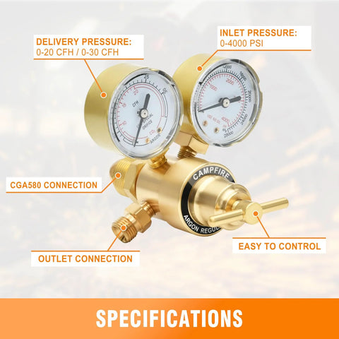 Front view of CAMPFIRE brass Argon CO2 regulator with dual gauges, CGA580 inlet and outlet connection