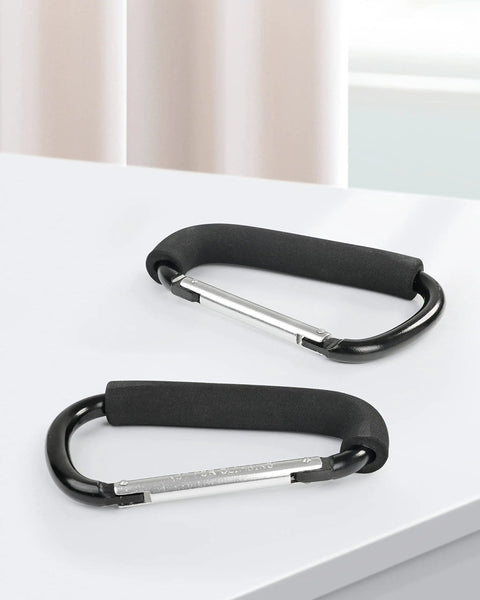 Two Pack Large Stroller Hooks Clip for Hanging Bags and Shopping Heavy Duty Aluminum Alloy Carabiner Style on table