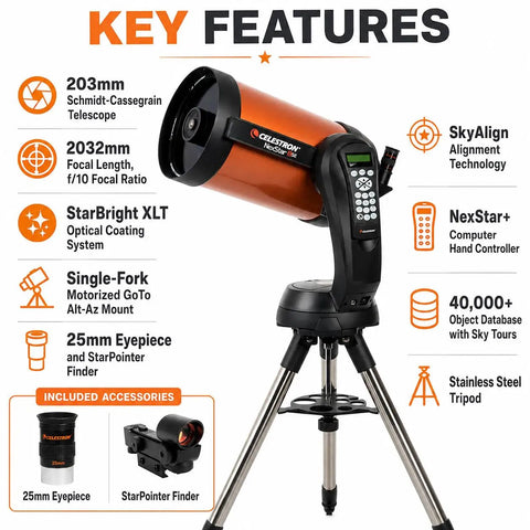GoTo Telescope Bundle With 8SE Schmidt Cassegrain Computerized NexStar System on Stainless Tripod and Eyepiece Kit