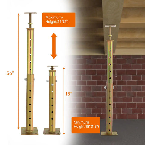 Two Pack Adjustable Basement Floor Jack To Keep Your Home Solid Heavy Duty Joist Screw Support For Crawl Spaces Leveling Tool, showing height adjustments from 18 to 36 inches.