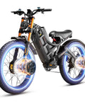 Killer 5000W Dual Motor Electric Mountain Bike Featuring 50 Mph Top Speed 60V 80AH with illuminated wheels and full suspension.