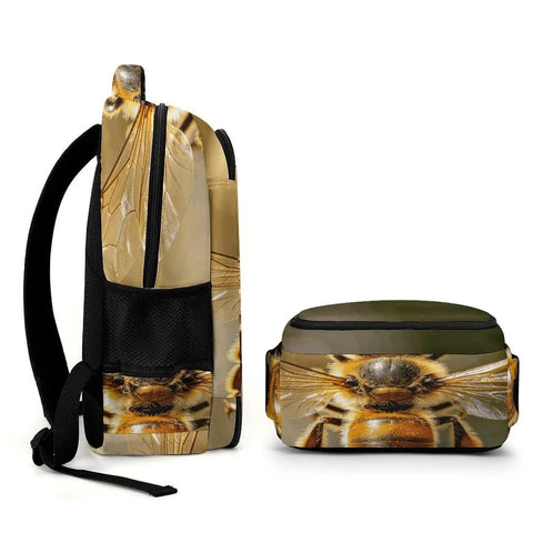 Side view of Striped Furry Bee Printed Unisex Backpack With Large Capacity, Durable Polyester Material, Breathable And Easy To Clean Daypack.