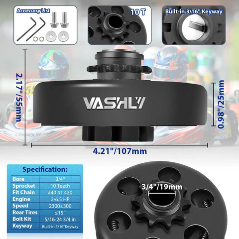 Go Kart Clutch 0.75 Inch Bore 10 Tooth For 40 41 420 Chain Predator 212 Centrifugal Clutch Compatible Ideal For Go Karts Minibikes And Fun Karts Easy Install Ready To Go shown with specifications and measurements