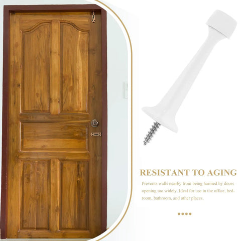 Heavy Duty Floor Door Stopper With Soft Rubber Tip And Zinc Alloy Built shown beside a wooden door to depict usage.