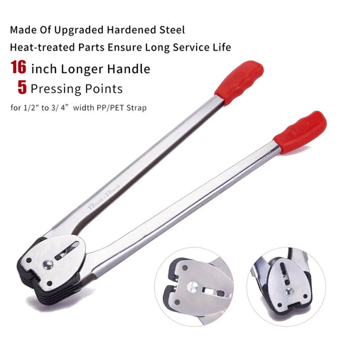 Real Deal Heavy Duty Pallet Strapping Kit With 328 Feet Of Half Inch Poly Strap And Manual Tensioner Tool Including One Hundred Secure Metal Seals For Reliable Cargo Packaging And Warehouse Shipping Ready For The Daily Grind - 16 inch manual tensioner tool with upgraded hardened steel and red rubber grips.