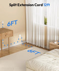Double Split Extension Cord 12 Foot Dual Power Cable Featuring A Low Profile Flat Plug Build Perfect For Bedside Desks And Tight Living Areas Straight Up Game Changer For Everyday Home Use showing flat plug under a desk.