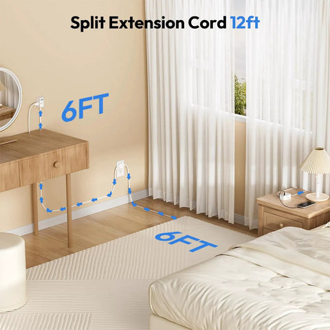 Double Split Extension Cord 12 Foot Dual Power Cable Featuring A Low Profile Flat Plug Build Perfect For Bedside Desks And Tight Living Areas Straight Up Game Changer For Everyday Home Use showing flat plug under a desk.