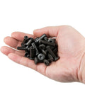 Hand holding 50 Pcs M6x25mm Furniture Bolts Black Hex Screws And Barrel Nuts Kit Binding Post Screws for bunk bed hardware.
