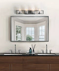 Farmhouse Rustic Bathroom Vanity Light Fixture With Wood Frame And Cylindrical Bubbled Glass above double sink