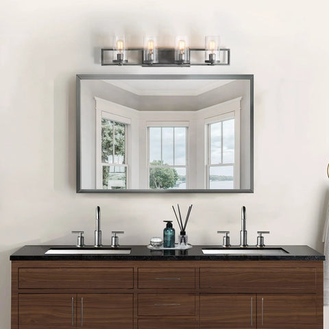 Farmhouse Rustic Bathroom Vanity Light Fixture With Wood Frame And Cylindrical Bubbled Glass above double sink