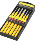 Six Piece Heavy Duty Steel Drive Punch Kit For Woodworkers And Mechanics Featuring Flat Chisel And Center Tips To Nail Drill Points On Metal Projects With Rust Proof Coating And Pro Tough Durability. 6pcs pin punch set, 1.5mm-8mm, in case