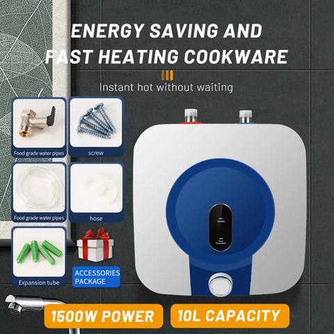 Compact Energy Efficient 1500W 10L Electric Water Heater 110V For Kitchens, Bathrooms And RVs with accessories shown
