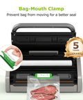 Globefish Technology Vacuum Sealer Machine For Home Kitchens with bag-mouth clamp and bag of sealed meat