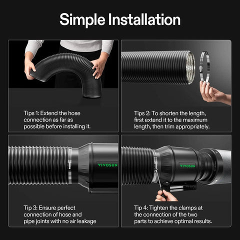 Heavy Duty 8 Inch Aluminum Foil Dryer Vent Hose For Efficient Airflow 25Ft Long Black Flexible Ducting Kit Built For HVAC Exhaust Duct Fans And DIY Home Improvement Projects With 2 Clamps shown in installation steps.
