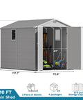 6x10 Ft Plastic Storage Shed With Floor Lockable Door And Windows Waterproof Outdoor Garden Tool Shed open showing interior storage.