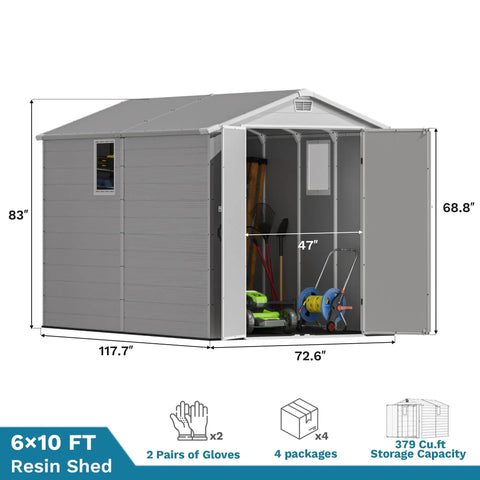 6x10 Ft Plastic Storage Shed With Floor Lockable Door And Windows Waterproof Outdoor Garden Tool Shed open showing interior storage.