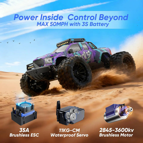 Beast Brushless RC Car For Adults With 50 MPH Top Speed Off Road 4WD Monster Truck on sandy terrain with specs
