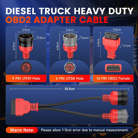 Diagram of Beefed Up Heavy Duty Diesel Truck OBD To Type 2 Split Cable with 9 pin J1939, 6 pin J1708, and 16 pin OBD2 connectors.