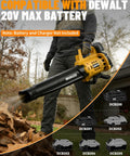 Person using Cordless Leaf Blower Beast Mode For 20V Max Battery Power, 480 CFM Airflow At 130 MPH, outdoors.