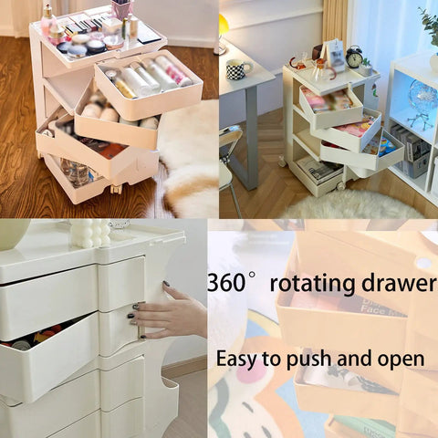 Ultra Slim Two Tier Rolling Utility Cart Smooth Glide Swivel Wheels Compact Abs Shelving Unit with 360° rotating drawers.