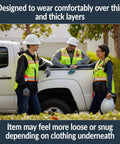 Men's Premium Surveyor Vest Class 2 Hi Vis Safety Vest in use with hard hats, showing comfort and fit over layers.