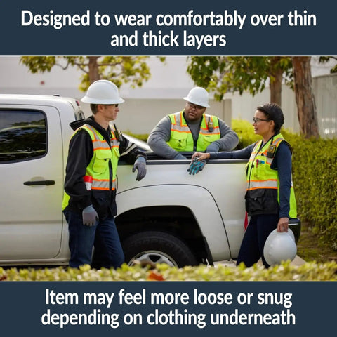 Men's Premium Surveyor Vest Class 2 Hi Vis Safety Vest in use with hard hats, showing comfort and fit over layers.