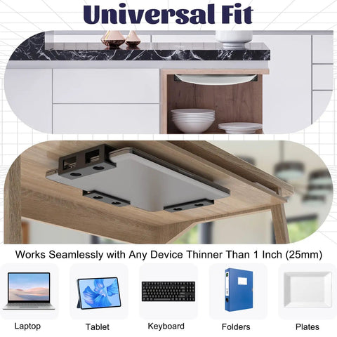 Slick Under Desk Laptop Mount Game Changer For Compact Home Offices featuring universal fit, supporting devices thinner than 1 inch.