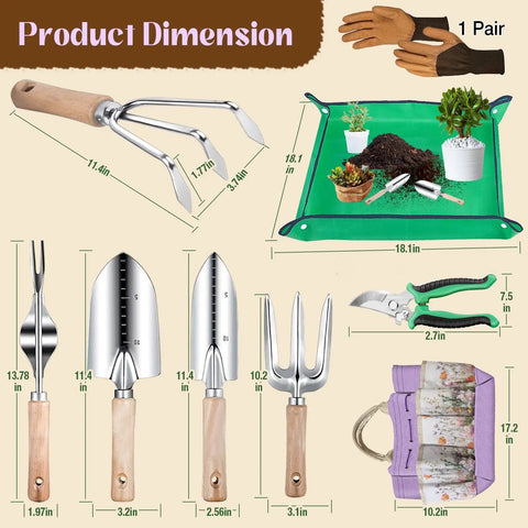 All In One 9 Piece Heavy Duty Garden Tool Set With Stainless Steel Hand Tools Purple Floral Tote Bag And Repotting Mat Perfect Garden Kit For Women Gift For Any Gardener displayed with dimensions