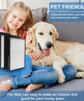 Child with a dog on a sofa beside Top Notch Replacement A2 Filter Kit For 3M Filtrete Room A2 Purifiers, showing post and pre-filters