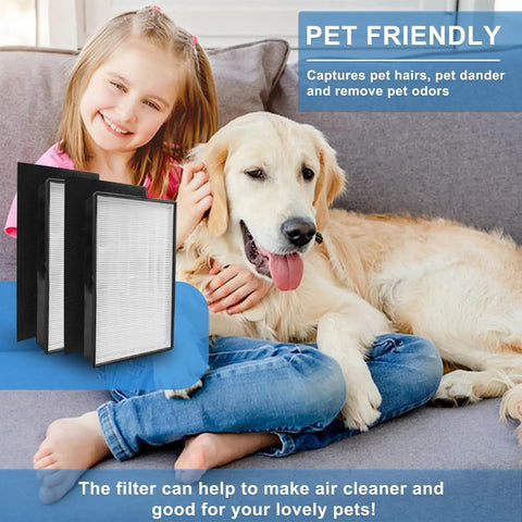Child with a dog on a sofa beside Top Notch Replacement A2 Filter Kit For 3M Filtrete Room A2 Purifiers, showing post and pre-filters