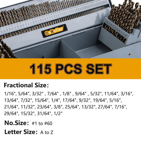 Cobalt Drill Bit Set 115 Pc Pro Grade Heavy Duty High Speed Steel M35 With Durable Round Shank shown with metal index box.