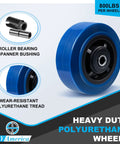 Heavy Duty 5X2 Polyurethane Caster Wheels Set Of 4 Blue Tread Industrial Casters detailed view with roller bearing and black core