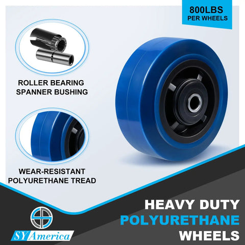 Heavy Duty 5X2 Polyurethane Caster Wheels Set Of 4 Blue Tread Industrial Casters detailed view with roller bearing and black core