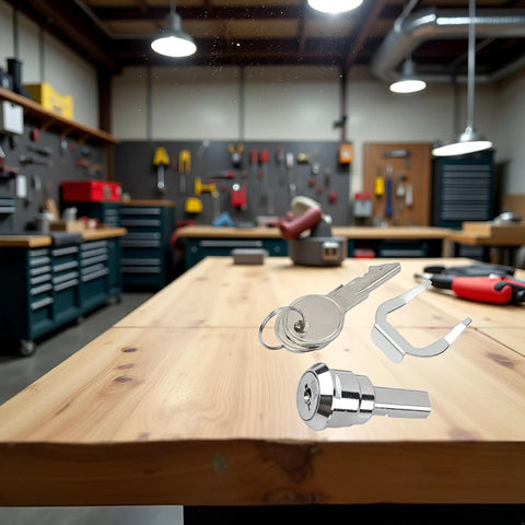 Silver Universal Toolbox Lock With 180 Degree Rotation Unlocking, Heavy Duty Metal Drawer And Cabinet Lock Set on workbench