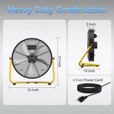 20 Inch High Velocity Floor Fan With Wall Mounting System Powerhouse Air Mover For Workshop Garage And Warehouse 3 Speed Control 3500 CFM 4500 CFM 5500 CFM UL Safety Listed, showcasing dimensions and power cord