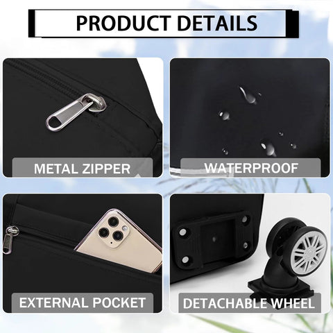 Black rolling duffle bag with detachable wheels; metal zipper, waterproof fabric, and external pocket.