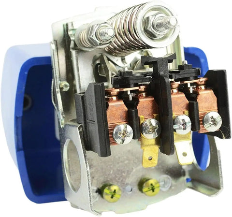Close-up view of adjustable 40 to 60 psi water pump pressure switch with metallic components and blue casing