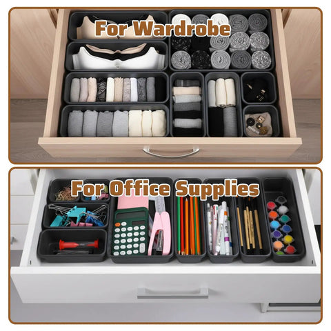 9 Piece Stackable Drawer Organizer Trays Set With Modular Design for Desk Vanity Makeup Storage in wardrobe and office drawers