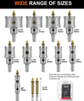 12 Piece Tungsten Carbide Tipped Hole Saw Kit For Hard Metals 5/8 To 2-1/8 Inches 2/5 Inch Shank wide range of sizes displayed