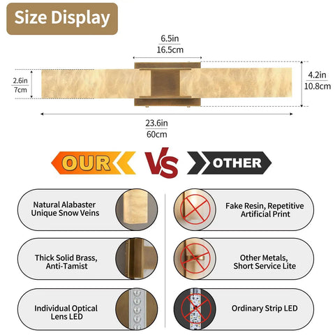 Size display of Natural Alabaster Brass Wall Sconce, measuring 23.6in by 6.5in, highlights premium materials and unique design.