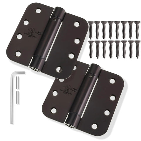 Heavy Duty 4 Inch Self Closing Spring Door Hinges Two Pack with adjustable tool and screws in oil rubbed bronze finish.