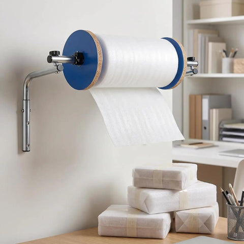 Kickass Wall Mount Bubble Wrap Dispenser With Hella Durable Foldable Steel Frame Adjusts 30 To 150Cm Rolls for packing with rolls mounted.
