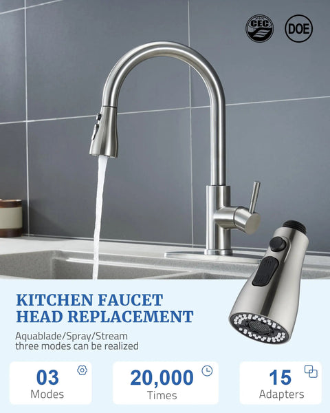 Brushed Nickel Kitchen Faucet Sprayer Head Replacement With 15 Adapters in action with water stream mode