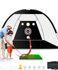 Father and son using 10x7ft Golf Practice Net With Tri Turf Mat And Target All In One Setup Including 5 Practice Balls And Carry Bag.