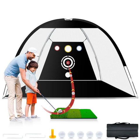 Father and son using 10x7ft Golf Practice Net With Tri Turf Mat And Target All In One Setup Including 5 Practice Balls And Carry Bag.