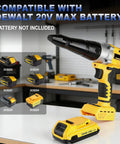 Heavy Duty Brushless Cordless Rivet Gun Compatible With DeWalt 20V Battery shown with battery options on a workbench.