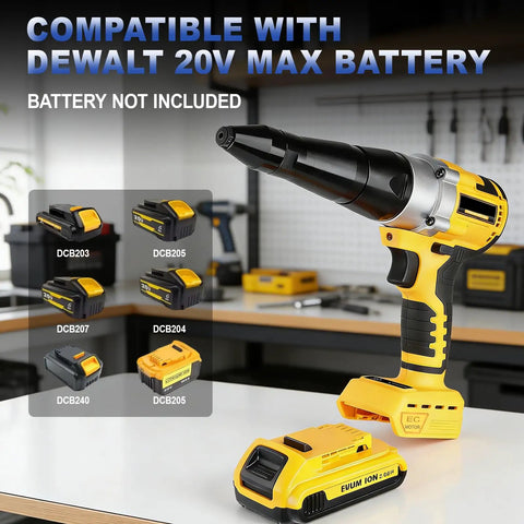 Heavy Duty Brushless Cordless Rivet Gun Compatible With DeWalt 20V Battery shown with battery options on a workbench.